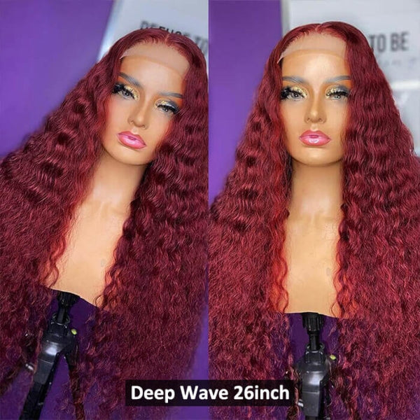 99J Red Burgundy 13X6 Hd Lace Front Wig Pre-Plucked Human Hair Wigs Deep Wave / 14 Inches