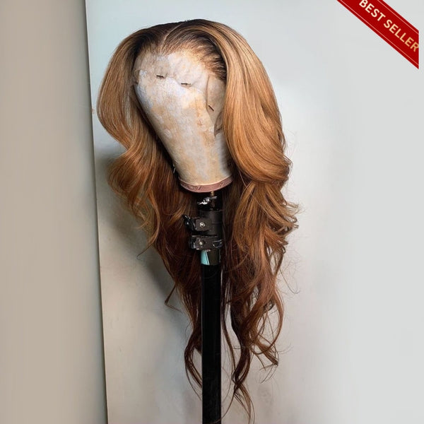 Black Roots Ombre Honey Brown Wavy Lace Front Wigs Glueless