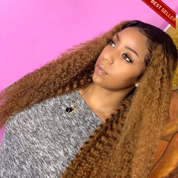 Glueless Lace 200% Density Ombre Honey Brown 13X4 Front Wigs Deep Wave / 12 Inch