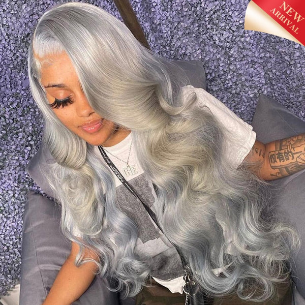 Grey Color Human Hair Wigs 13X4 Transparent Lace Frontal Wig Body Wave / 18 Inches