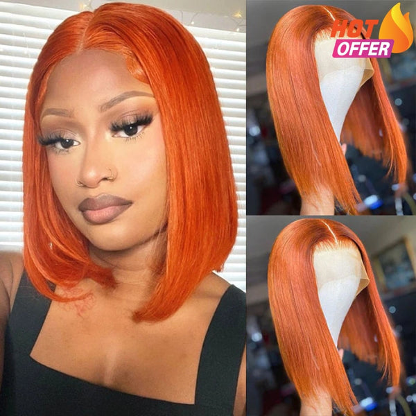 Short Ginger Orange Color Glueless Lace Front Human Hair Bob Wigs