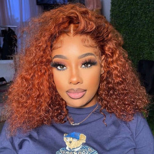 180% Density Ginger Orange Color Curly Frontal Lace Wigs 16 Inches