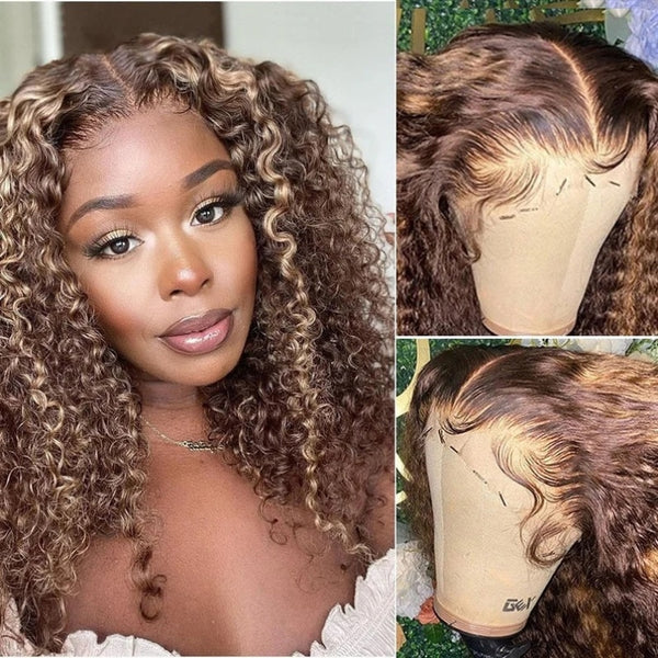 Mix Color Highlight Honey Blonde Short Curly Lace Front Wigs Glueless