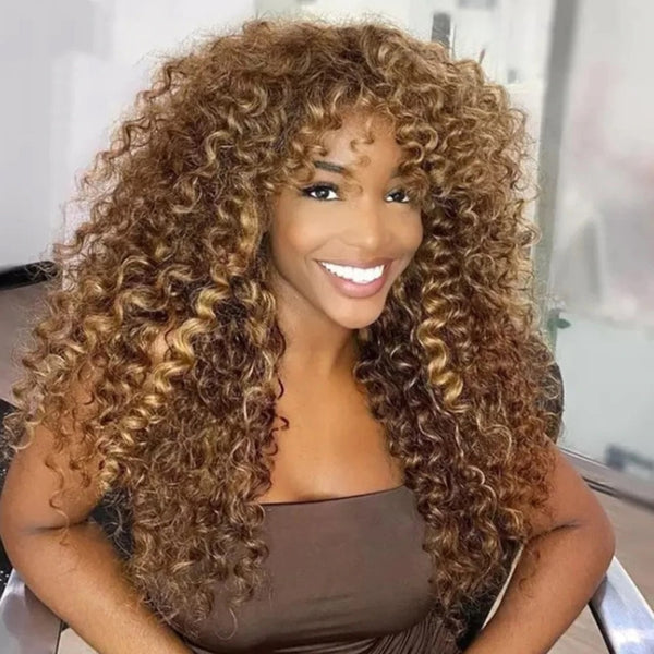 Ombre Highlight Honey Blonde Curtain Bangs Curly Lace Front Wigs