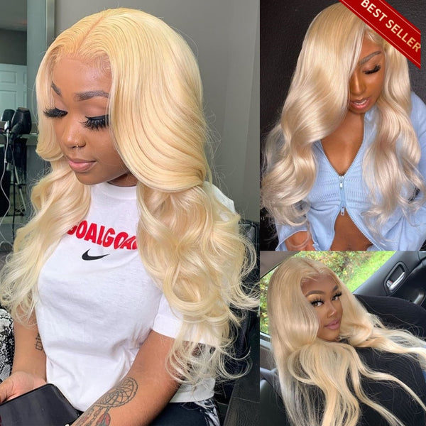 200% Density Body Wave 613 Blonde Lace Front Wigs Human Hair Pre Plucked