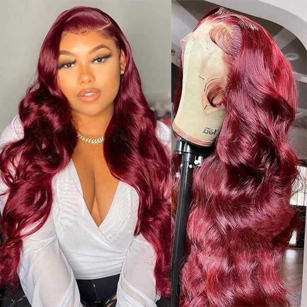 99J Red Burgundy 13X6 Hd Lace Front Wig Pre-Plucked Human Hair Wigs Body Wave / 14 Inches