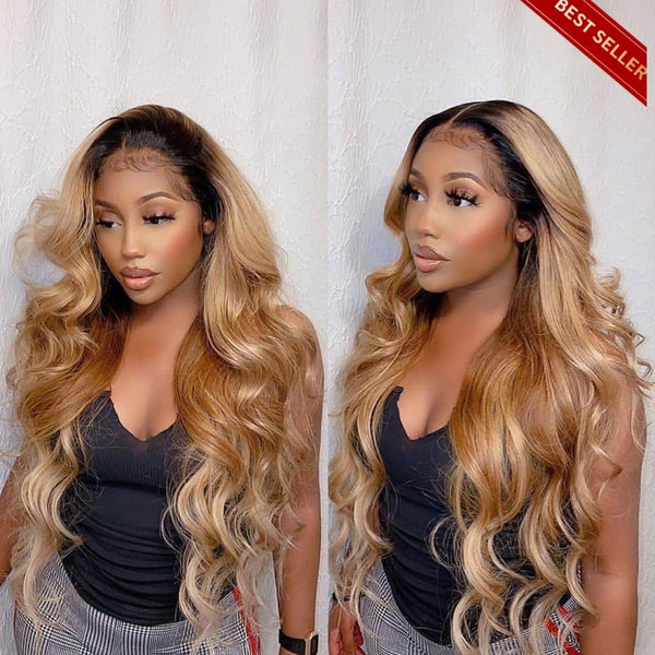 Black Roots Ombre Honey Brown Wavy Transparent Lace Front Wigs
