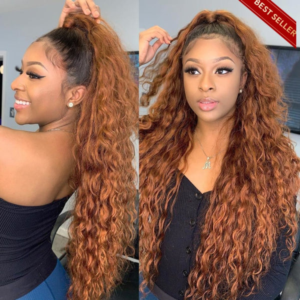 Glueless Lace 200% Density Ombre Honey Brown 13X4 Front Wigs Water Wave / 12 Inch