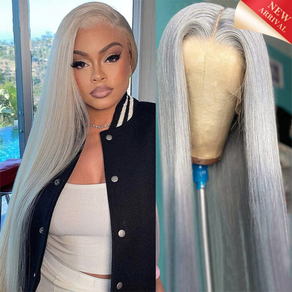 Grey Color Human Hair Wigs 13X4 Transparent Lace Frontal Wig Straight / 18 Inches