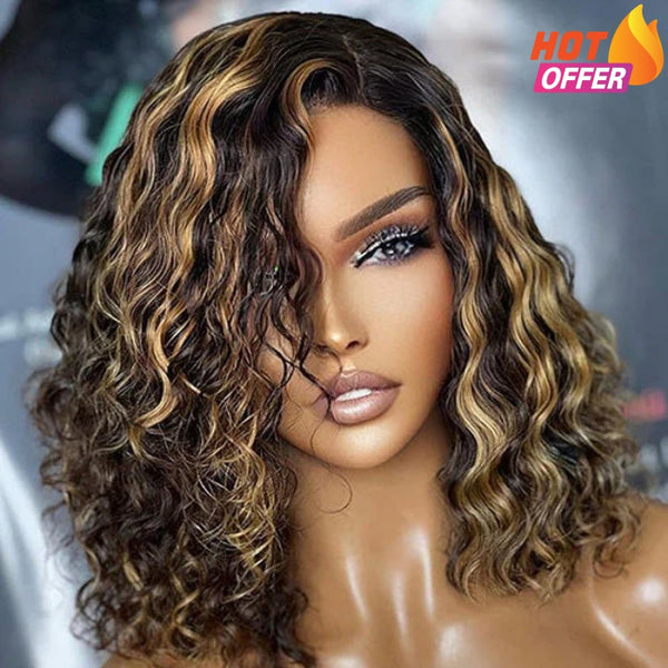 Mix Color 1B #27 Blonde Highlight Lace Front Bob Wig Human Hair Wigs Curly / 14 Inches