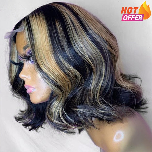 Mix Color 1B #27 Blonde Highlight Lace Front Bob Wig Human Hair Wigs Loose Wave / 14 Inches