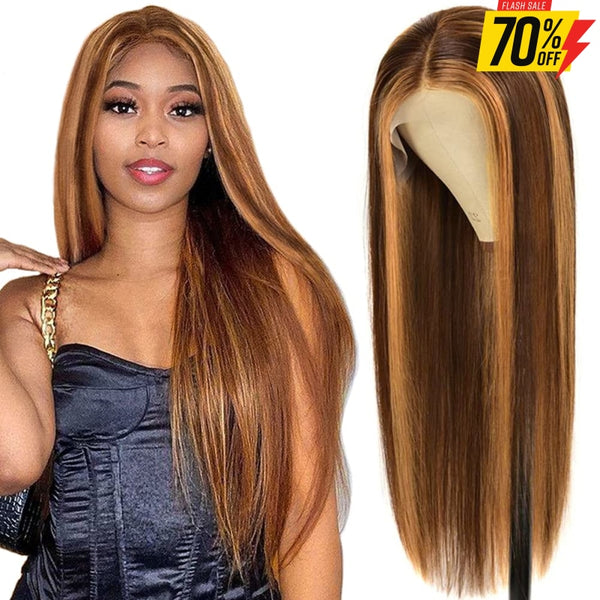 Mix Color Highlight Camel Brown 13X4 Lace Front Wig 8 Inches