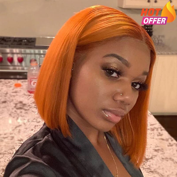 Short Ginger Orange Color Glueless Lace Front Human Hair Bob Wigs