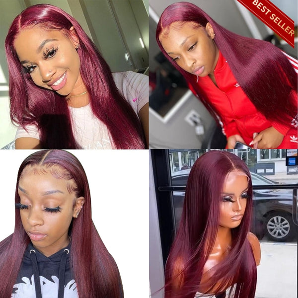 Transparent Lace Glueless 99J Burgundy Red Color Lace Front Wigs Human Hair