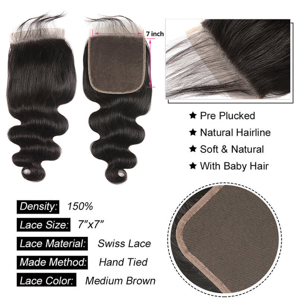 Body Wave 7x7 Closure Free Part Human Hair Lace Closure With Baby Hair