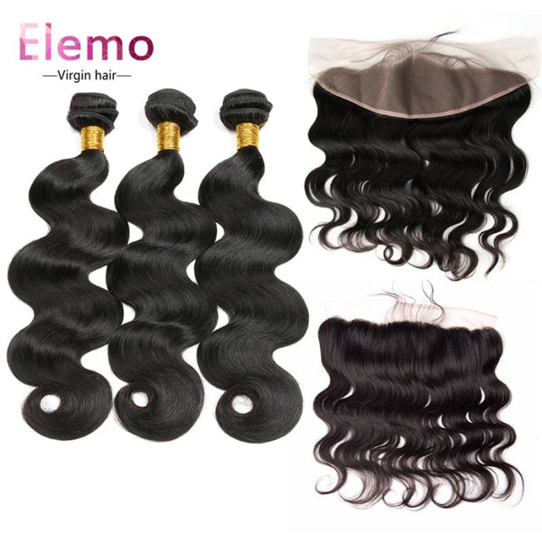 Brazilian Virgin Hair 3 Bundles With Pre Plucked Frontal Body Wave / 10+10+10+Frontal 10