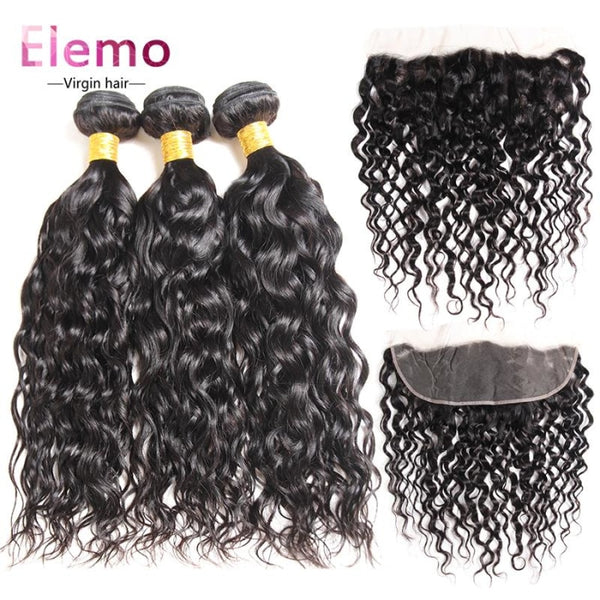 Brazilian Virgin Hair 3 Bundles With Pre Plucked Frontal Water Wave / 10+10+10+Frontal 10