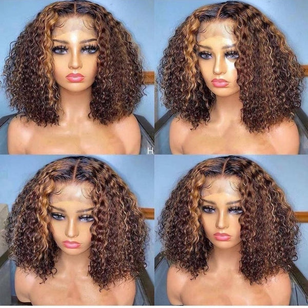 Brown Highlight Layered Curly Bob Wig Lace Front