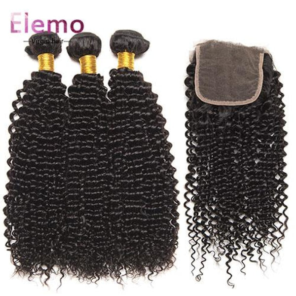 Indian Kinky Curly 3 Bundles With Lace Closure Virgin Hair