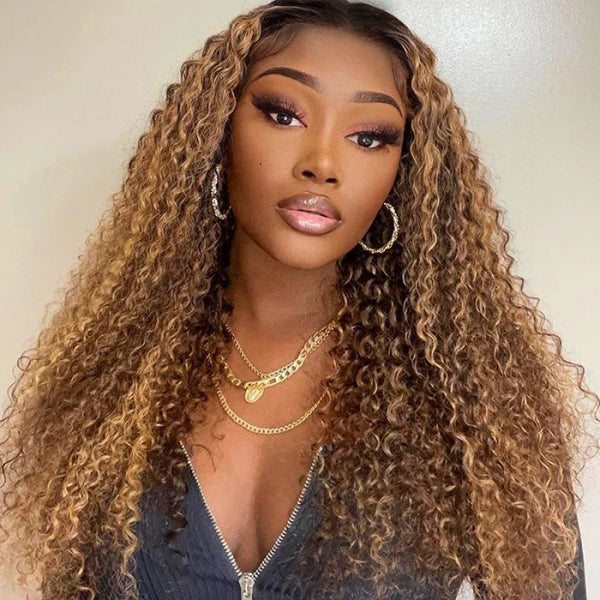 Mix Color Highlight Honey Blonde Curly Lace Front Wig Pre Plucked