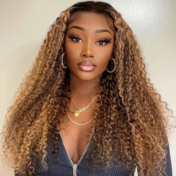 Mix Color Highlight Honey Blonde Curly Lace Front Wig Pre Plucked